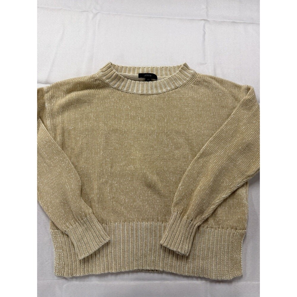 J Crew Womens Relaxed Beach Sweater Crewneck Ribbed Hem Beige Gold XS